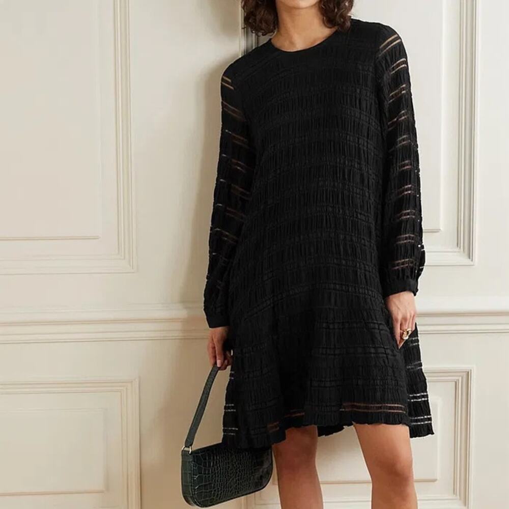 Anine Bing Viola Striped Shift Dress Black Size Small Long Sleeve Babydoll‎ Chic